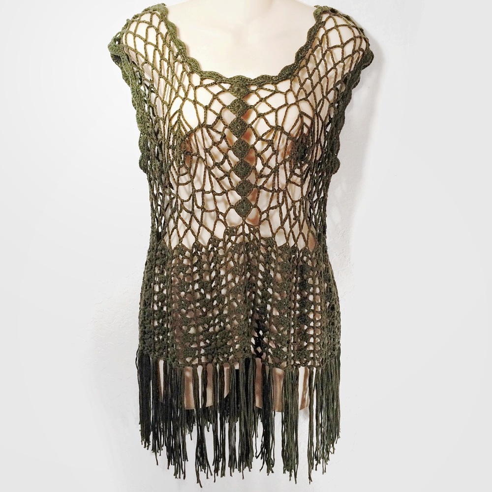 Umgee Crochet Tank Boho Festival Fringe Olive M L